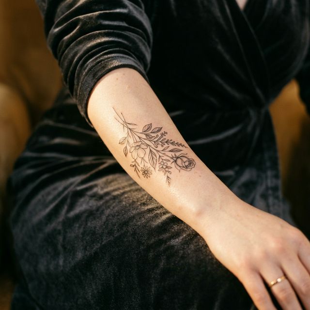 Beautifully healed fineline floral bouquet on pale skin