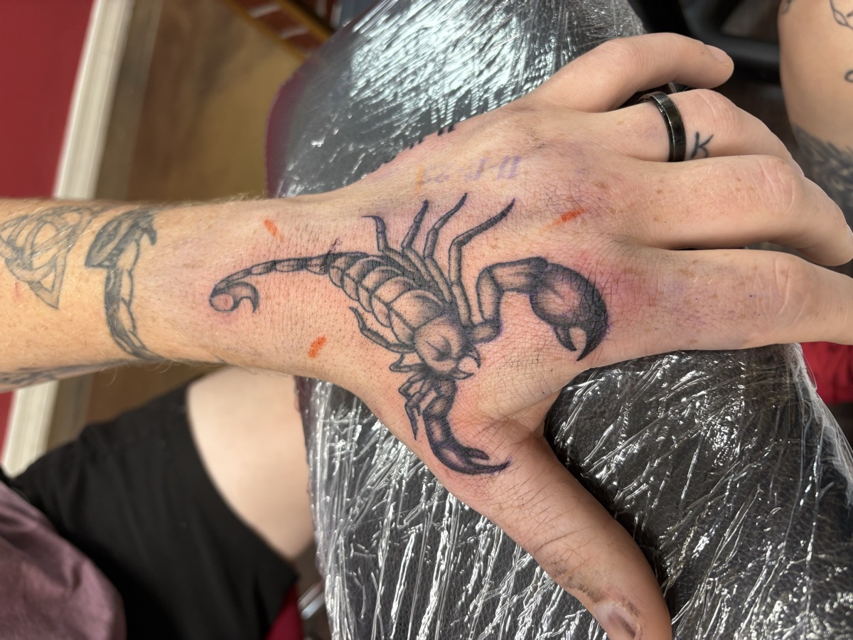 Black and grey scorpion tattoo on back of hand with detailed shading